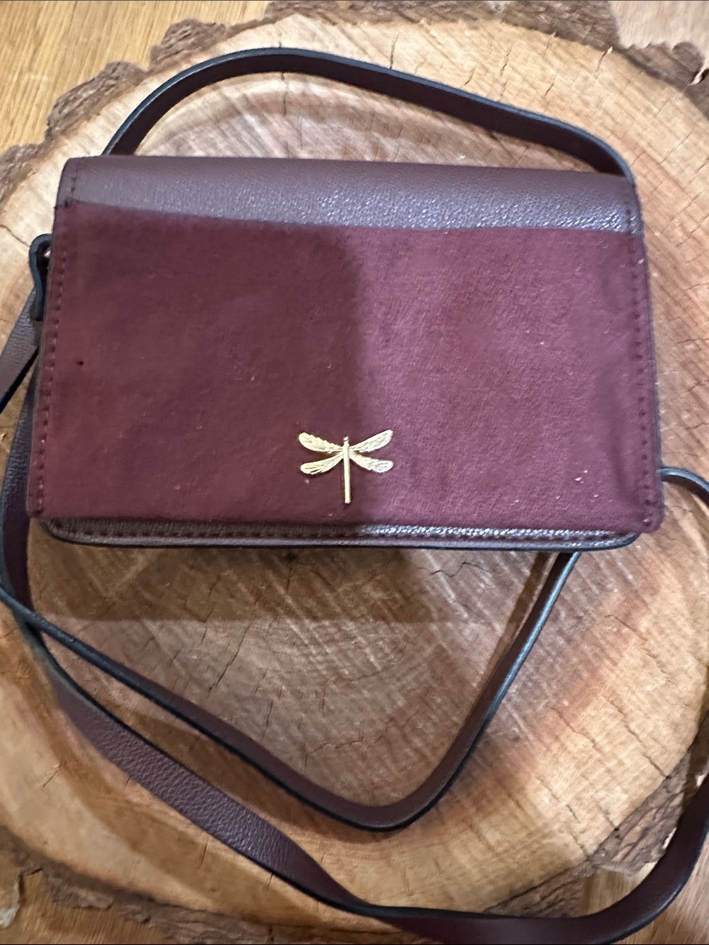 H&M Burgundy and Brown Crossbody Bag with Gold Dragonfly Accent